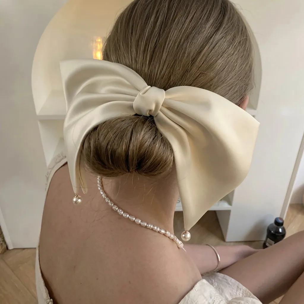 Large Satin Bow Hair Clip With Faux Artificial Pearl Pendants Elegant French Style Spring Clip Hair Accessory For Women