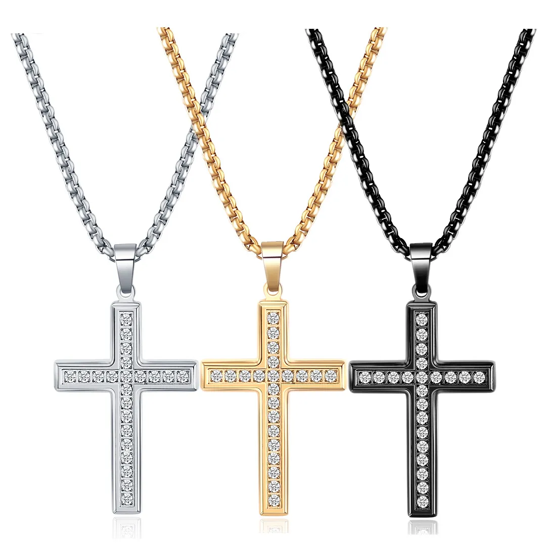 Collier Pendentif Croix Acier Inoxydable 304 Avec Strass Chaîne Boîte Bijoux Tendance Simple Unisexe Hip Hop
