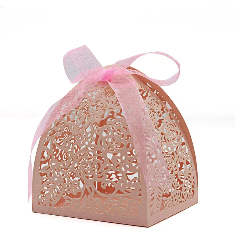 Laser Geschnitten Hohl Süßigkeiten Schachtel Perlmutt Papier Geschenkboxen Mit Band Blumenmuster Für Hochzeit Party