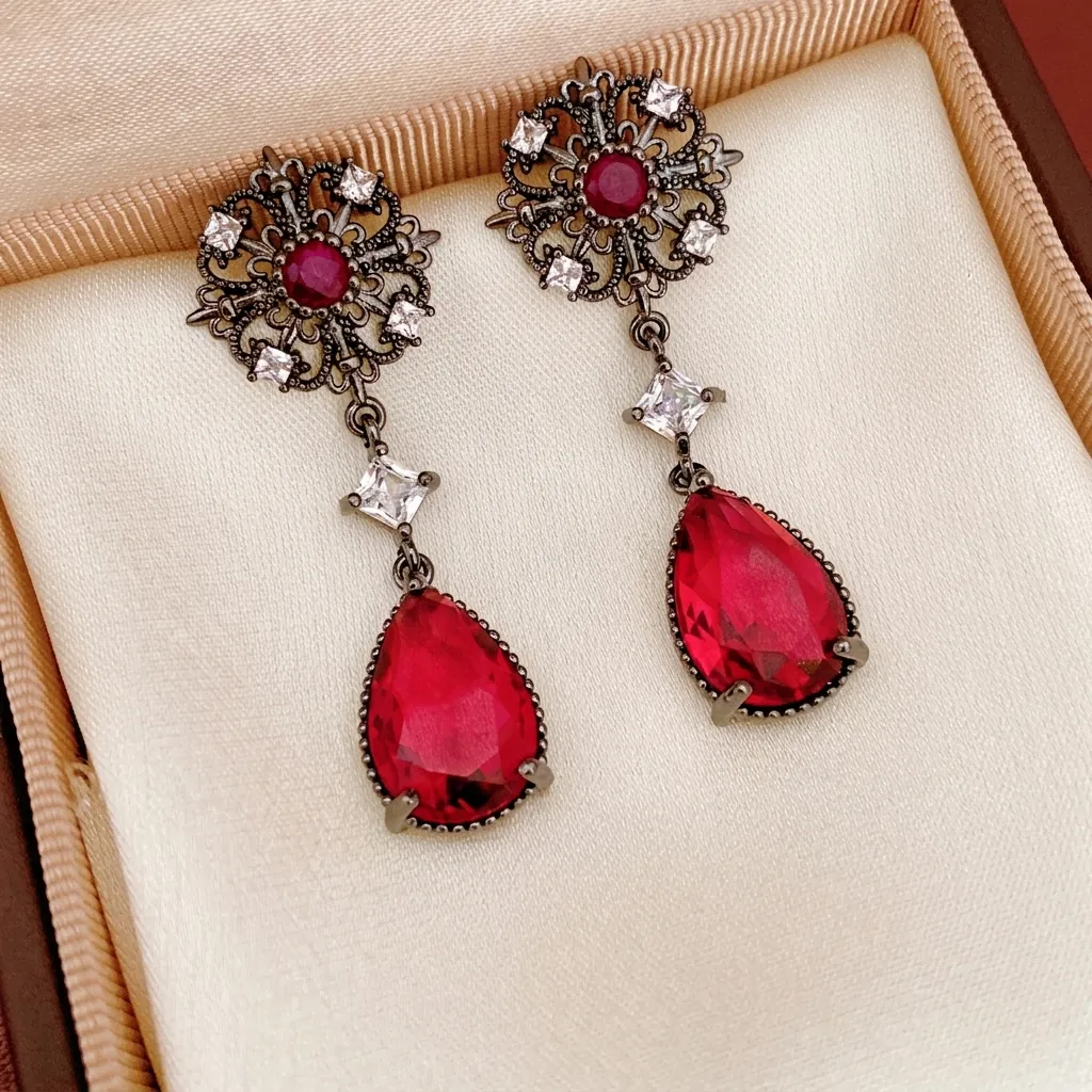 Boucles Oreilles Pendantes Vintage Avec Rubis Synthétique Rouge Et Tige En Argent Cuivre Fleur Creuse Gothique Pour Femmes