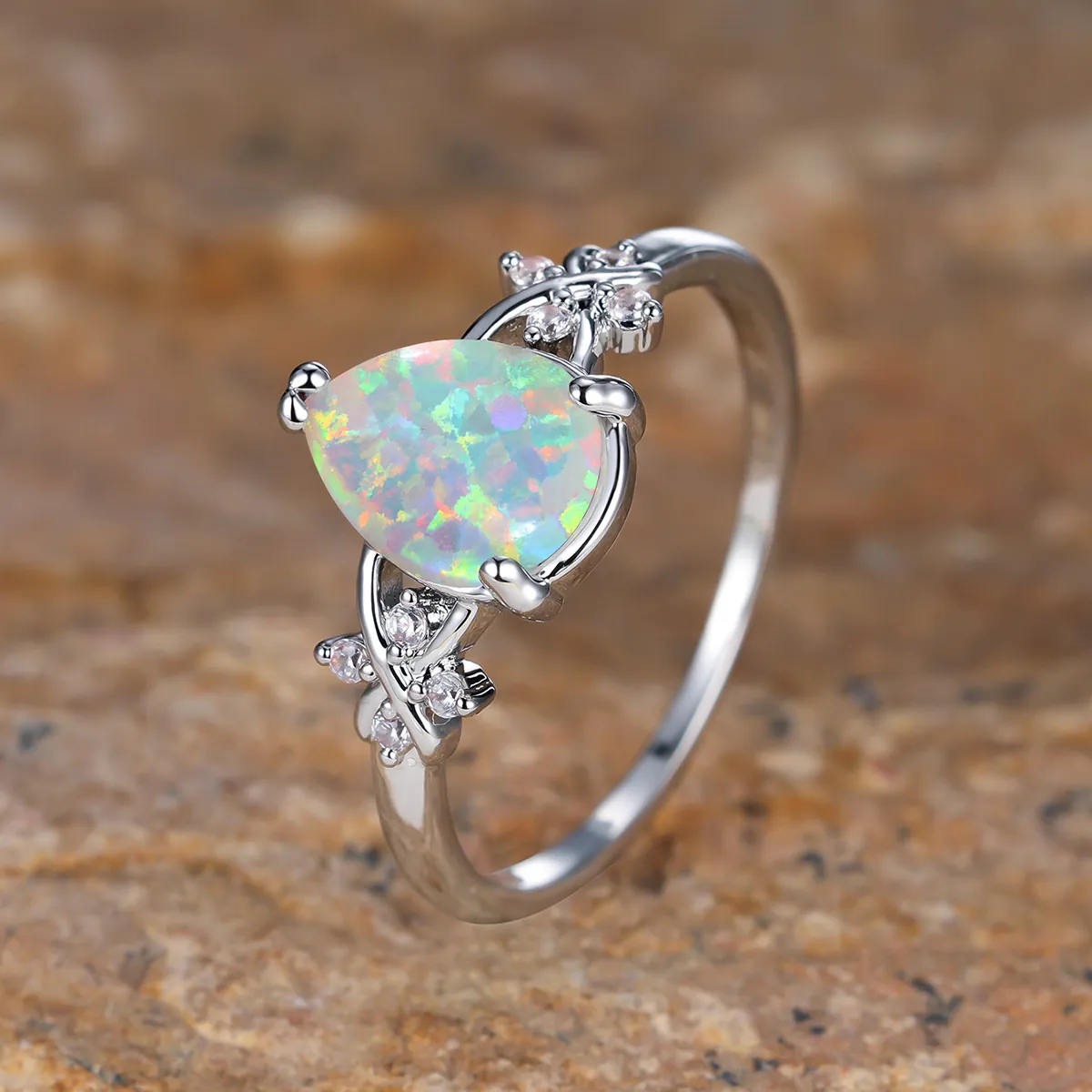 Pear Shaped Opal Ring Copper Water Drop Cubic Zirconia Floral Side Elegant Jewelry For Women