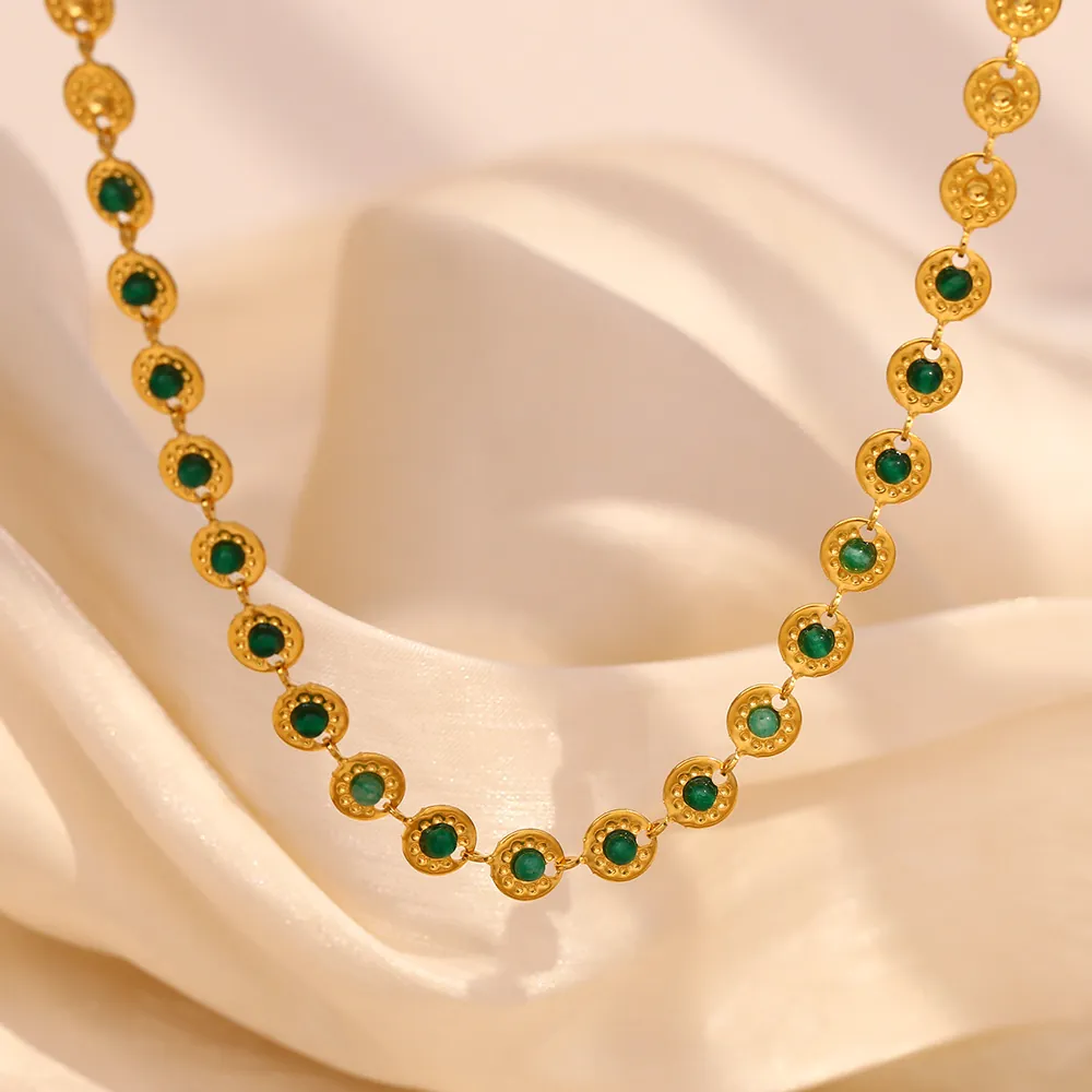 Stainless Steel Necklace With 18K Gold Plated Round Disc Green Stones Vintage Elegant Jewelry For Women Daily Wear