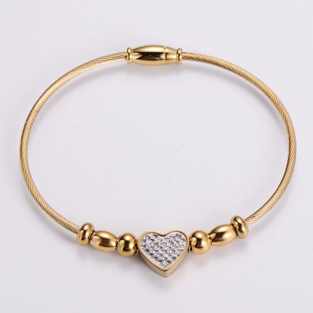 Heart Charm Stainless Steel Rhinestone Wire Cable Bracelet With Magnet Clasp Twisted Bangle For Women Jewelry