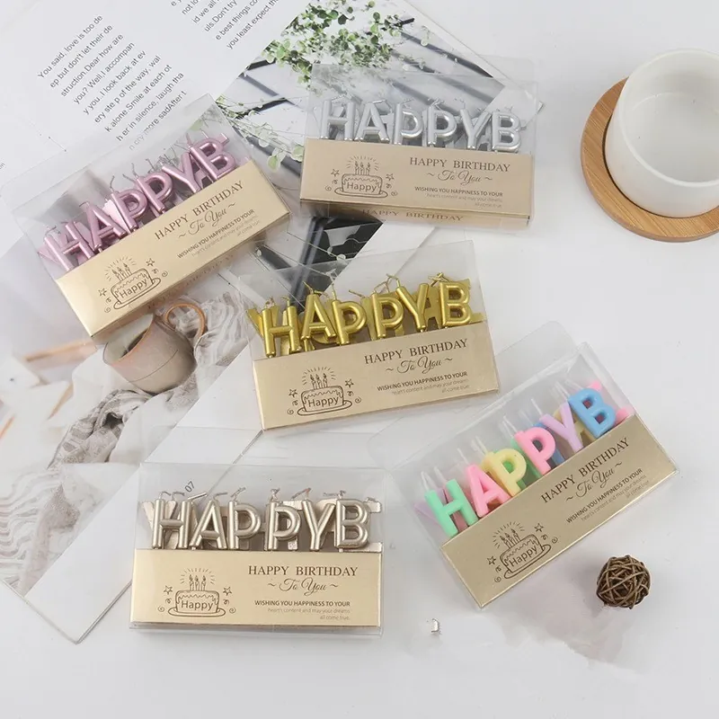 Happy Birthday Letter Candles Metallic Wax Cake Toppers For Birthday Party Wedding Celebration Decoration