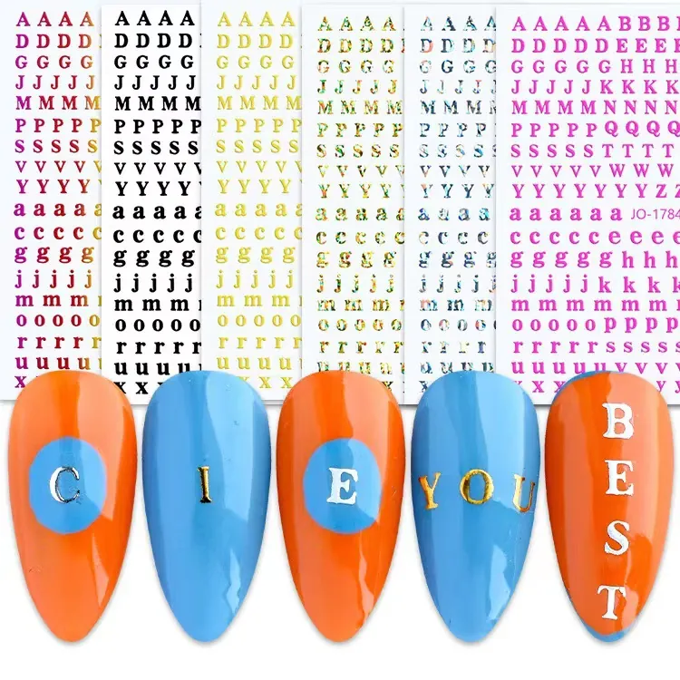 English Letter Nail Art Stickers Self Adhesive Ultra Thin Holographic Laser Gold Silver Alphabet Decals For DIY Manicure