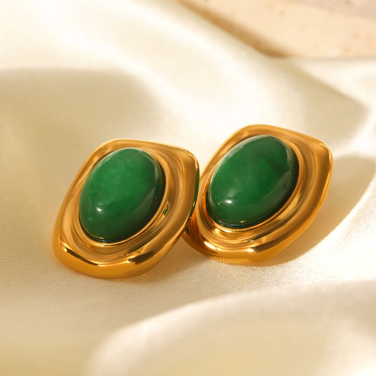 Boucles D'oreilles Vintage Françaises Pour Femmes Acier Inoxydable Plaqué Or 18K Pierre Verte Incrustée Bijoux Rétro