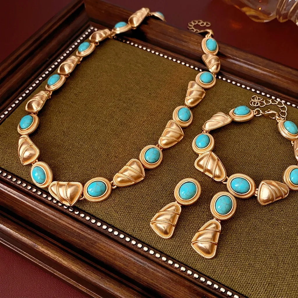 Bijoux En Alliage Vintage Avec Pierre Turquoise Artificielle Collier Bracelet Et Boucles Oreilles Tige En Argent Femmes