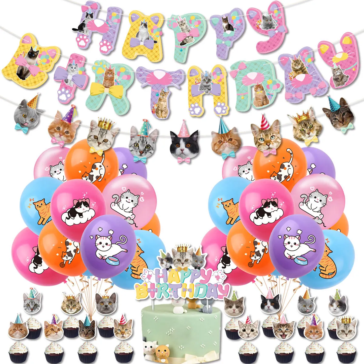 Cute Cat Theme Birthday Party Decoration Happy Birthday Banner Animal Garland Latex Balloons And Cake Toppers For Party