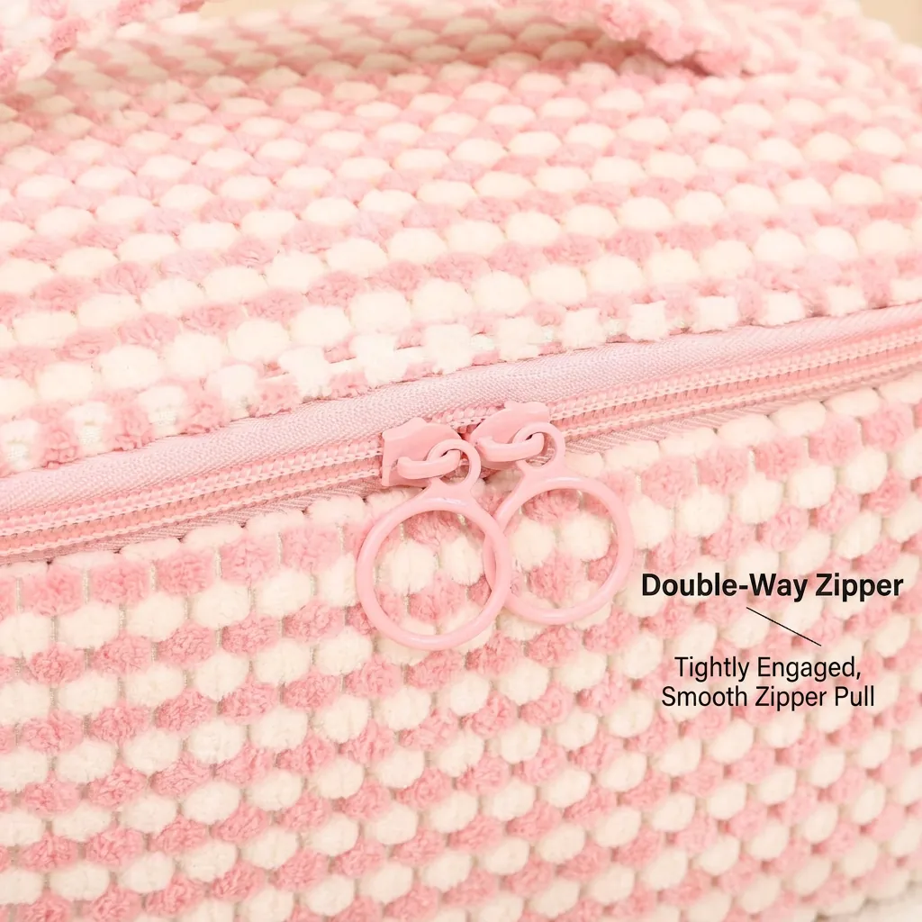 Plush Makeup Bag Large Capacity Checkered Zipper Portable Cosmetic Organizer Travel Toiletry Case For Women Soft Cute