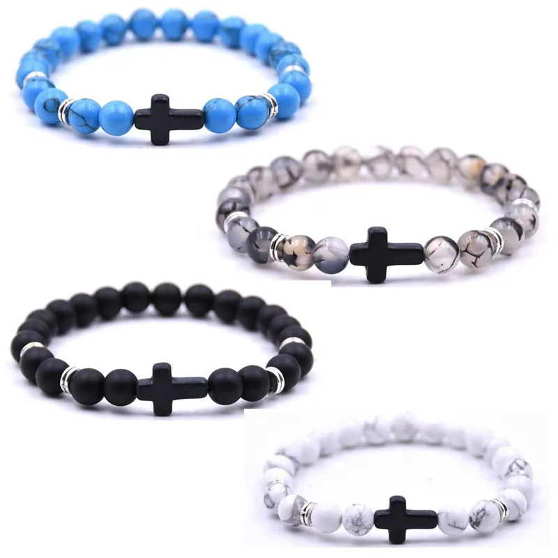 Natural Stone Cross Beaded Bracelet Agate Tiger Eye Turquoise Elastic Jewelry Religious Style For Men Women