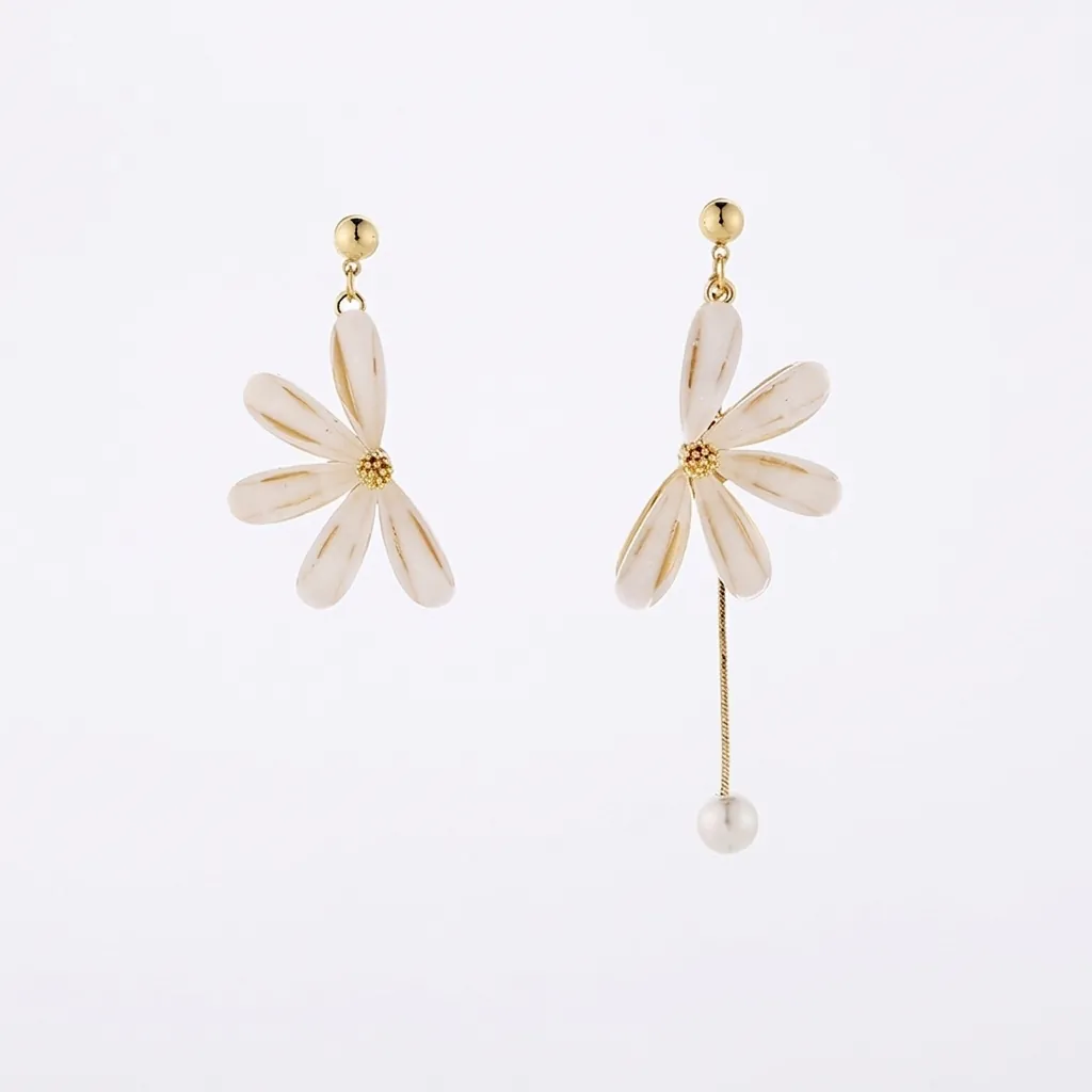 Asymmetrische Weiße Gänseblümchen Blumen Ohrringe Legierung Harz Künstliche Perle Lange Kette Minimalistische Elegante Damen