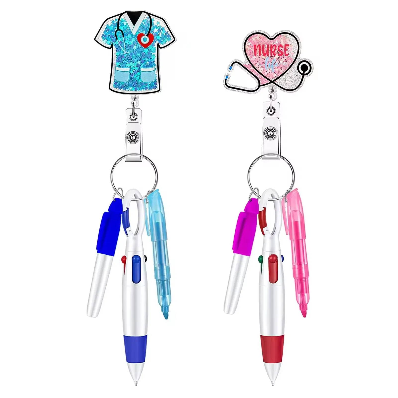 Retractable Badge Reel With Multi Color Ballpoint Pen And Mini Marker Highlighter Nurse Life Glitter Acrylic Badge Holder For Medical Professional