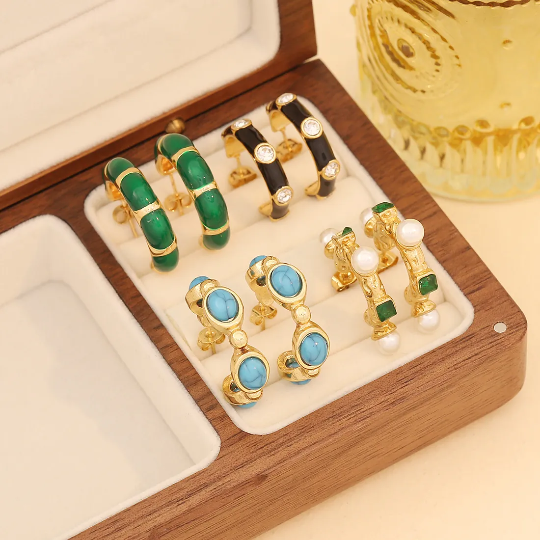 Vintage C-Shaped Stud Earrings Stainless Steel Enamel Drip Oil Geometric Faux Turquoise Artificial Pearl Zircon Jewelry For Women