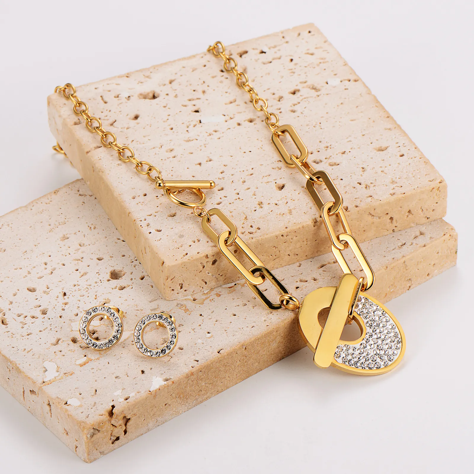 Minimalist Gold Plated 304 Stainless Steel Necklace And Earrings Circle Rhinestone Paperclip Chain OT Buckle For Women
