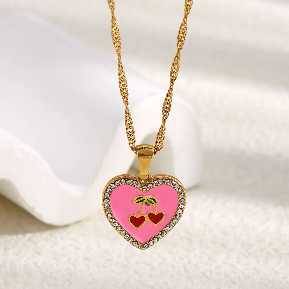 Heart Pendant Necklace Stainless Steel 18K Gold Plated Pink Enamel Cherry Pattern Rhinestone Fashion Jewelry For Women
