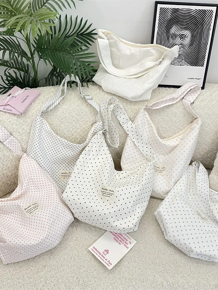 Large Capacity Canvas Shoulder Bag Star Dot Print Adjustable Strap Casual Tote Crossbody Handbag For Women