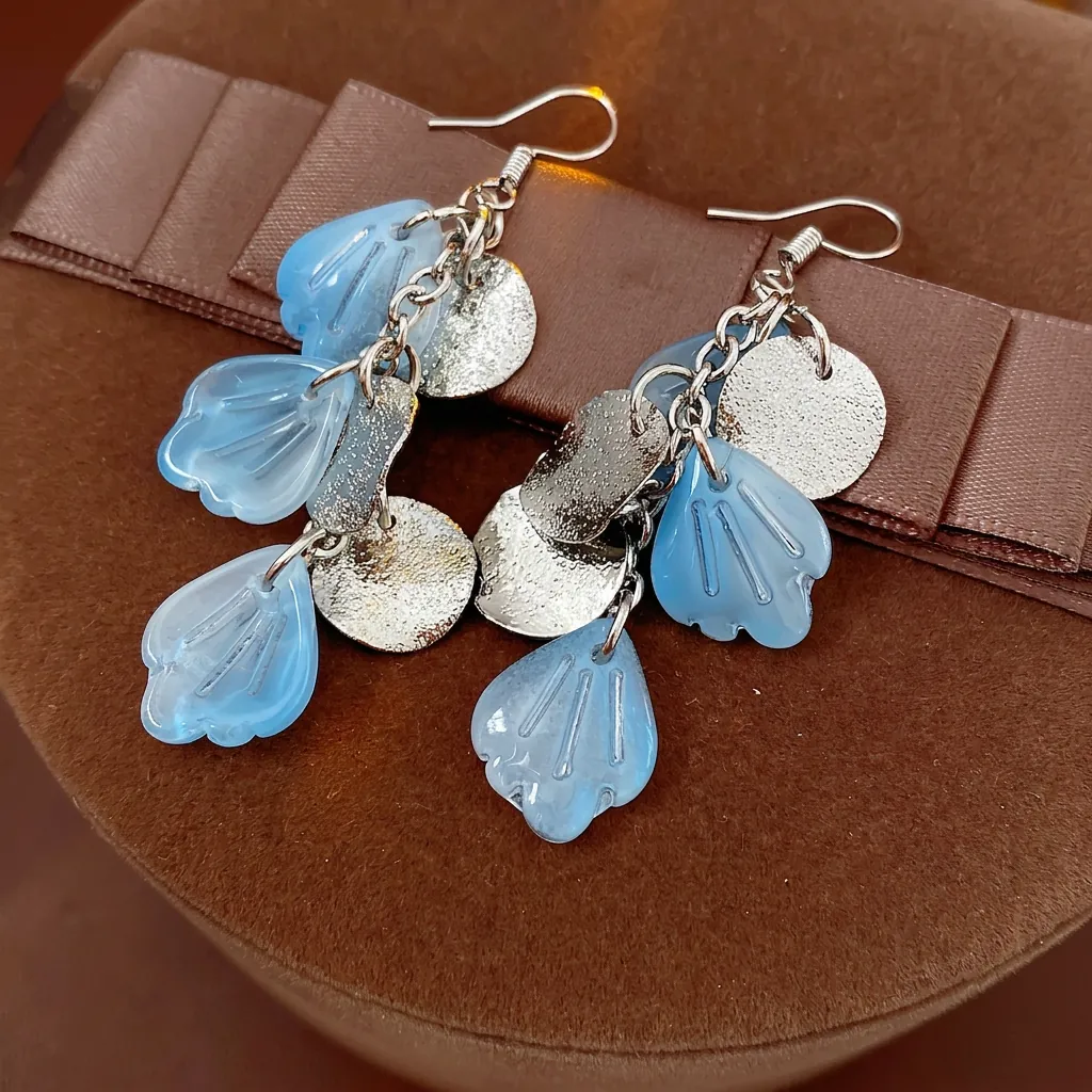Boucles Oreilles Bohèmes Couleur Argent Pétales Coquillage Bleus Translucides Cuivre Métal Tige Acier Bijoux Longs