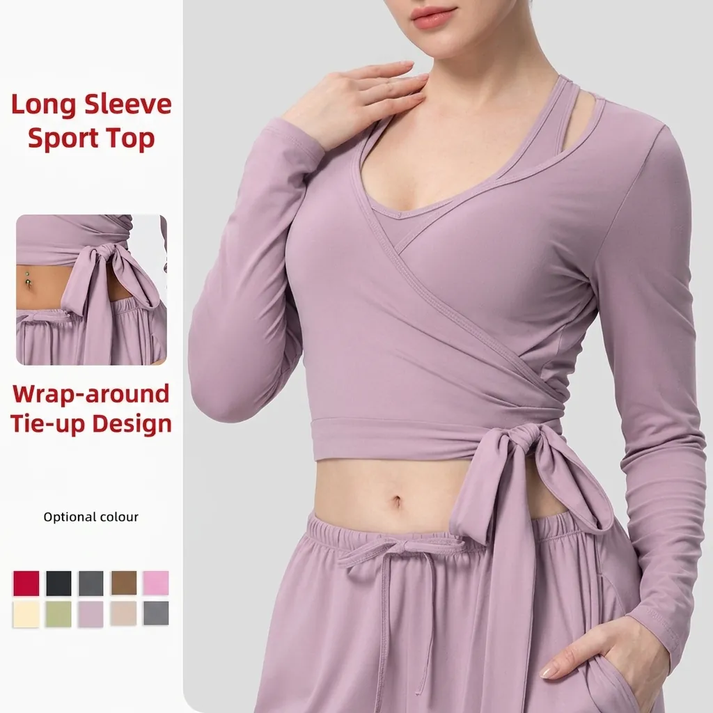 Women's Long Sleeve Yoga Top Wrap Around Tie Front Slim Fit Athletic Sports Gym Fitness Workout T-Shirt