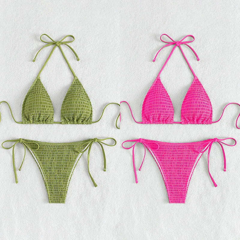 Women Sexy Smocked Halter Bikini Top And Side Tie Bottom Solid Color Beach Vacation Swimwear