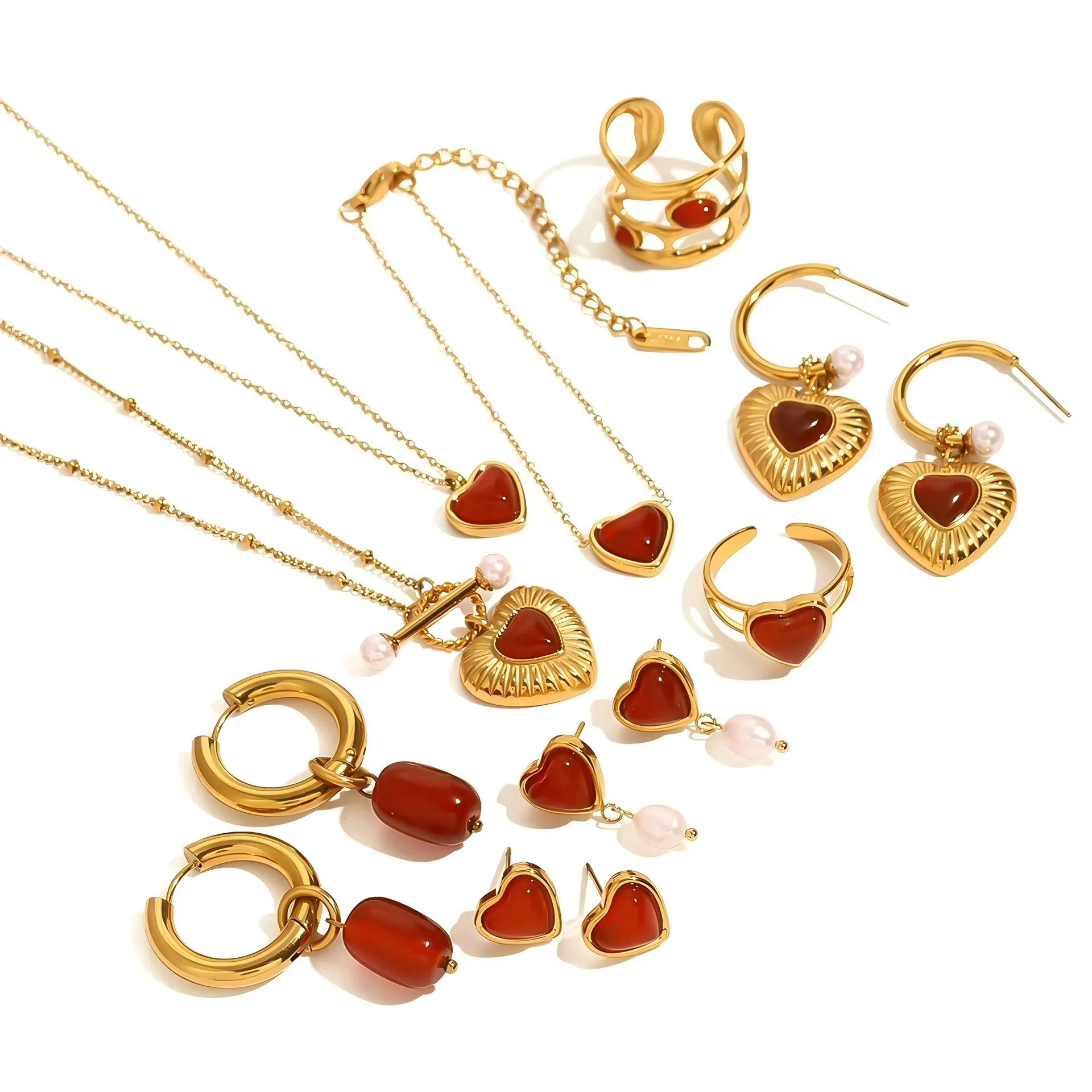 Vintage 18K Vergoldet Edelstahl Rotes Herz Halskette Ohrring Ring Set Für Damen Französischen Stil Rot Achat Künstliche Perle Schmuck