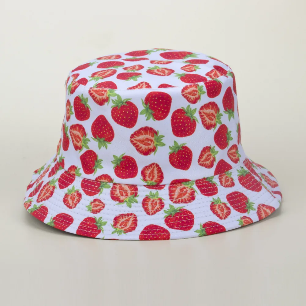 Chapeau Bob Imprimé Fraise Réversible Coton Toile Protection Solaire Été Plage Chapeau De Soleil Femmes