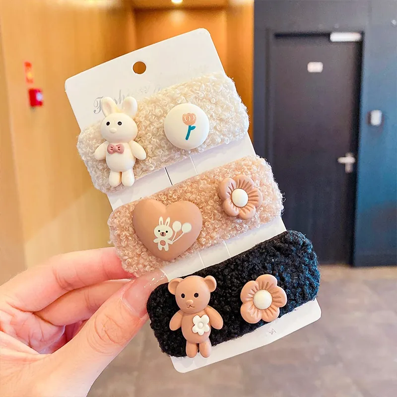Plush Hair Clips Cute Cartoon Bear Bunny Lambswool Sweet Autumn Winter Hair Barrettes For Women Girls Accessories