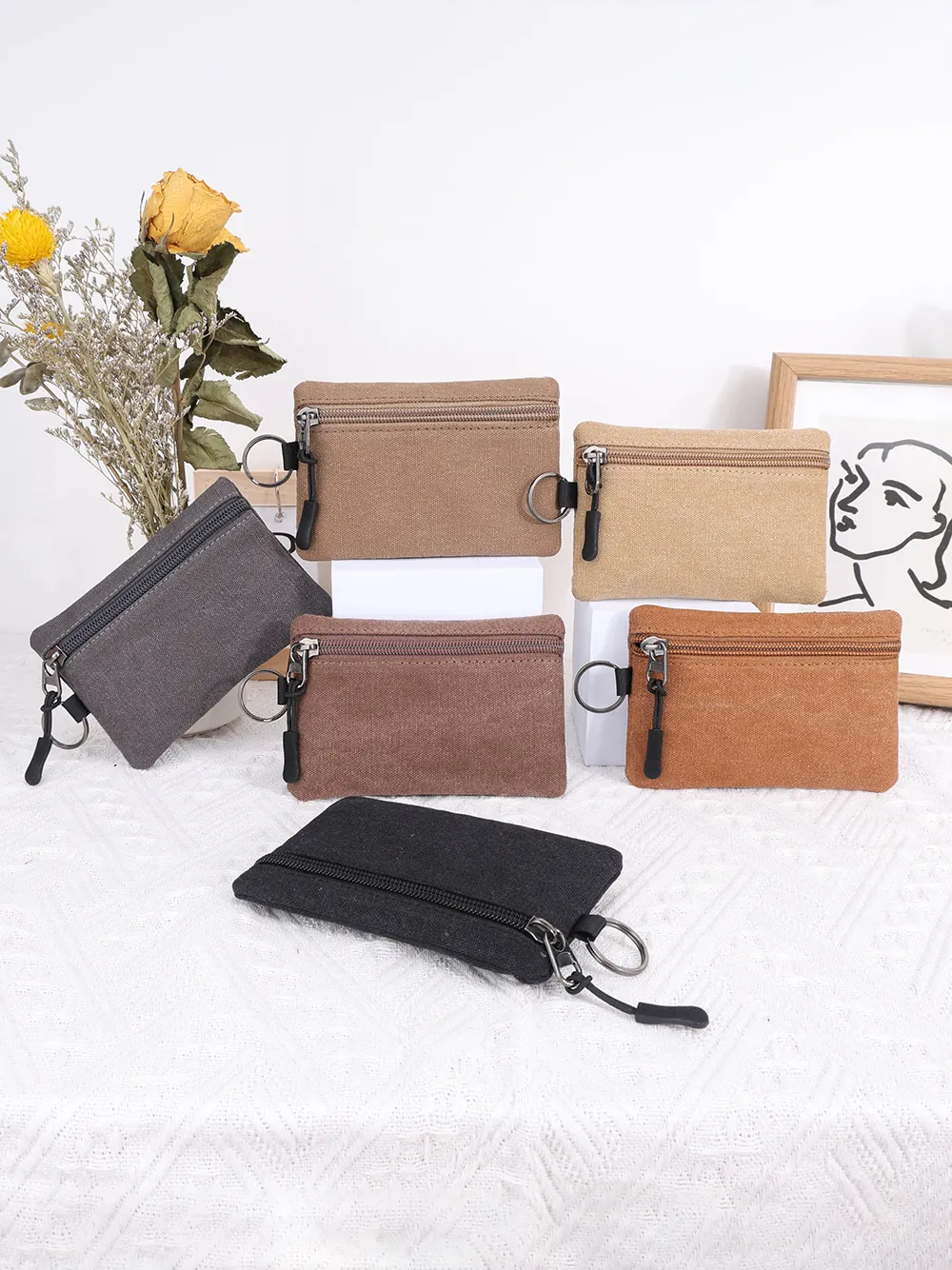 Small Canvas Coin Purse With Keyring Zipper Portable Mini Wallet For Coins Keys Cards Solid Color Unisex