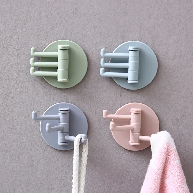Rotating Adhesive Wall Hooks Plastic No Drill Waterproof Hanging Storage For Bathroom Kitchen Towel Key