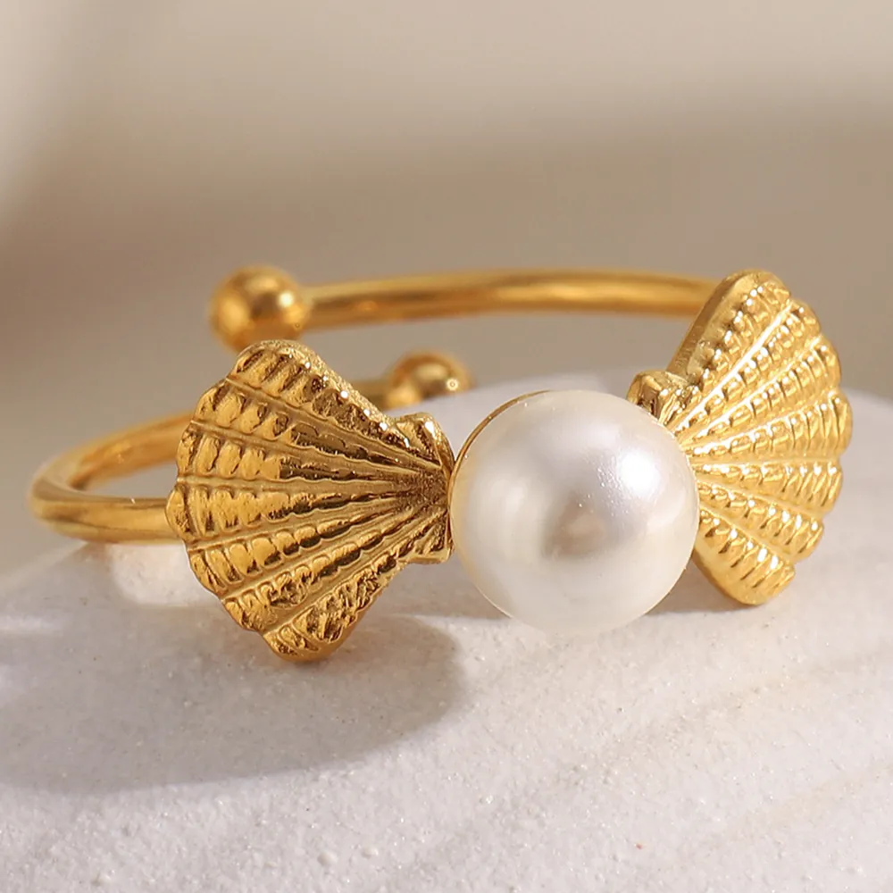 Bague Ouverte Élégante En Künstliche Perle D'imitation Coquillage Acier Inoxydable Plaqué Or 18K Réglable Bijoux Vintage Femmes