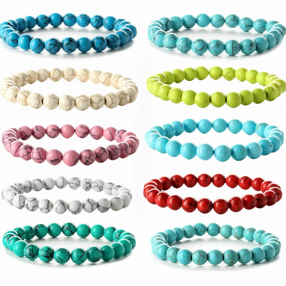 Naturstein Perlenarmband Synthetischer Türkis Elastisches Stretch Design Rundperlen Modeschmuck Geschenk Für Herren Und Damen