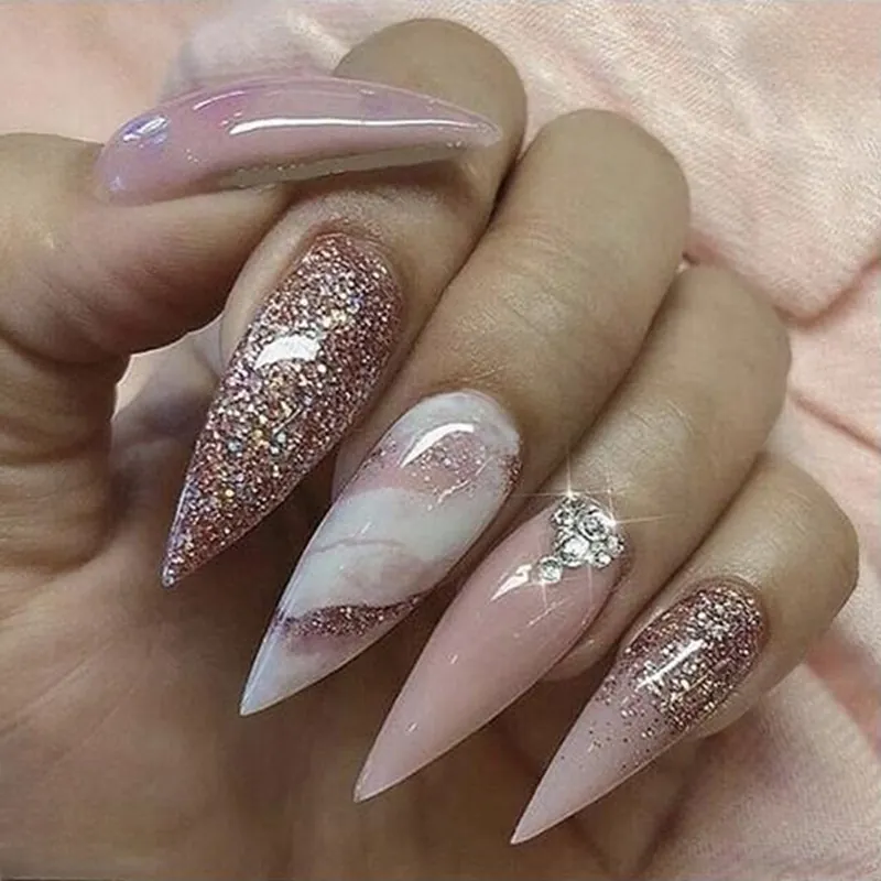 Long Stiletto Press On Nails Pink Marble Smudge Design Glitter Rhinestone False Nails
