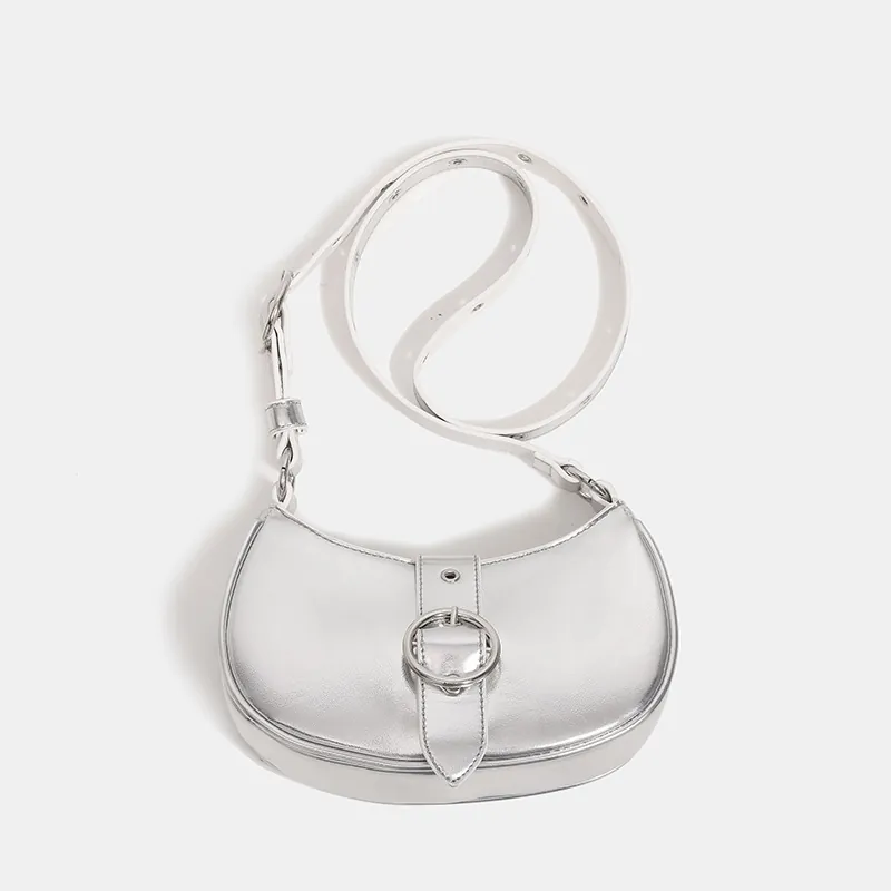 Underarm Bag Women PU Leather Half Moon Shoulder Bag Large Metal Buckle Adjustable Strap Minimalist Trendy Y2K