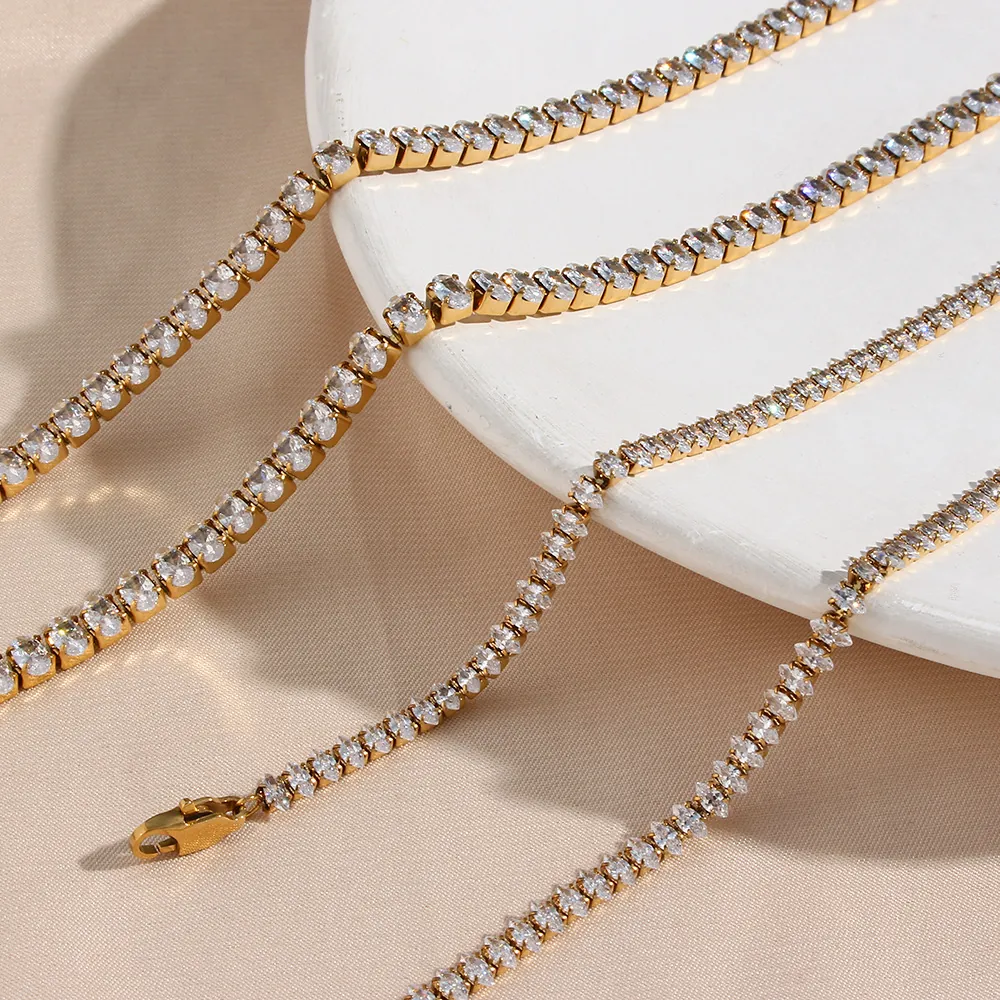 Parure Collier et Bracelet Tennis en Acier Inoxydable avec Zirconia pour Femme Plaqué Or 18K Coupe Ovale Marquise Bijoux Mode