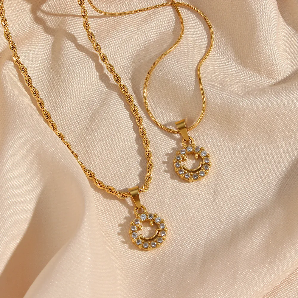 Stainless Steel Necklace 18K Gold Plated Zirconia Smiley Face Pendant Twisted Snake Chain Fashion Jewelry For Women