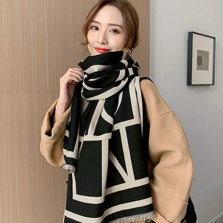 Winter Scarf Shawl Women Double Sided Geometric Letter Pattern Thick Warm Imitation Cashmere Polyester Soft Tassels
