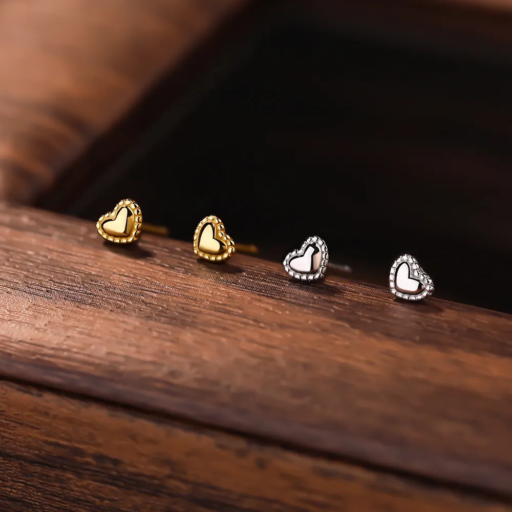 Elegant S999 Pure Silver Heart Stud Earrings For Women Minimalist Beaded Edge Heart Shaped Jewelry Gold Silver Accessories