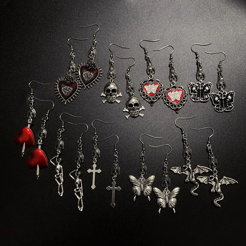 Gothic Drop Dangle Earrings Alloy Oil Drop Skull Butterfly Bat Cross Punk Rock Jewelry Accessories For Women