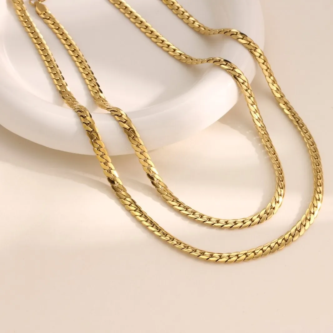 Stainless Steel 18K Gold Plated Flat Herringbone Chain Necklace Cuban Snake Link For Men Women Vintage Hip Hop Style