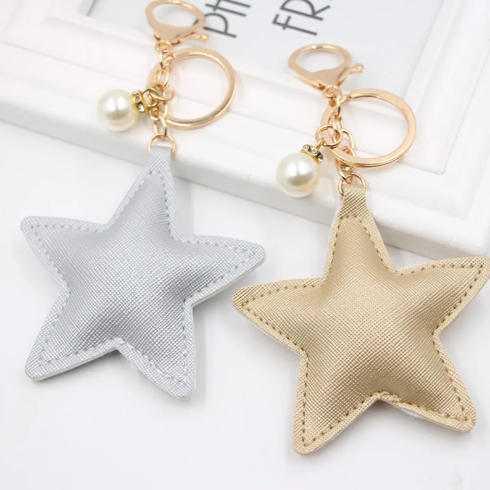 Star Shaped Keychain PU Leather Bag Pendant With Faux Artificial Pearl Rhinestone Charm Golden Alloy Lobster Clasp Accessories