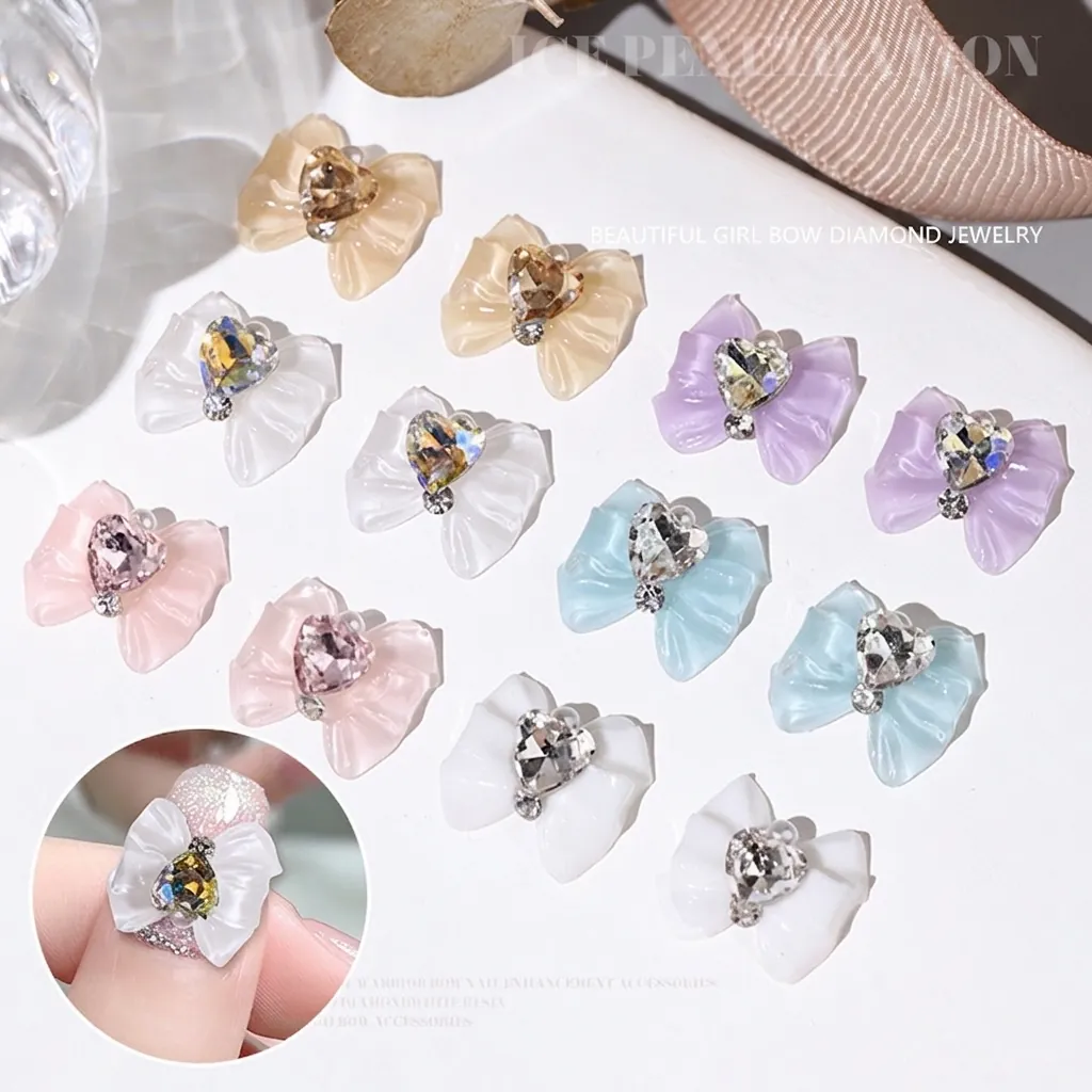 Resin Bow Nail Art Charms Heart Rhinestone Artificial Pearl Ice Transparent Stereoscopic DIY Manicure Decor For Women Sweet Style