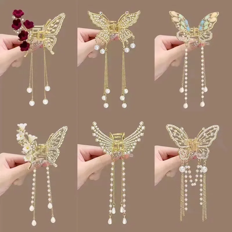 Butterfly Hair Claw Clip Alloy Rhinestone Faux Artificial Pearl Long Tassel Elegant Vintage Hair Accessory For Women