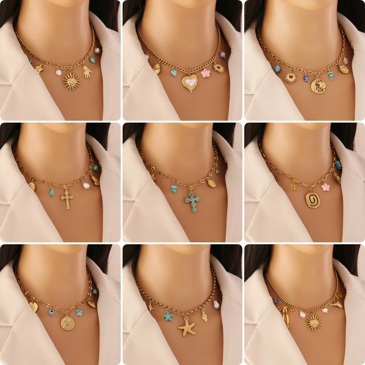 Collier Multi-Breloques En Acier Inoxydable Plaqué Or Coeur Fleur Turquoise Croix Bijoux Bohème Dopamine Pour Femmes