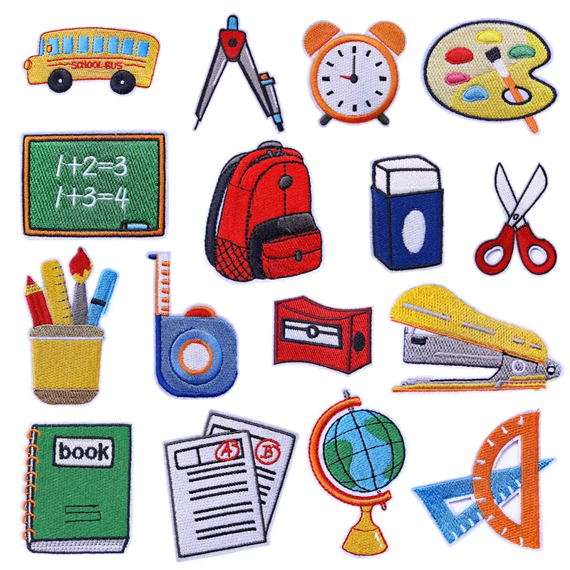 Cute School Bus Stationery Embroidery Patches Iron On Fabric Badges For Student Backpack Clothing DIY Repair