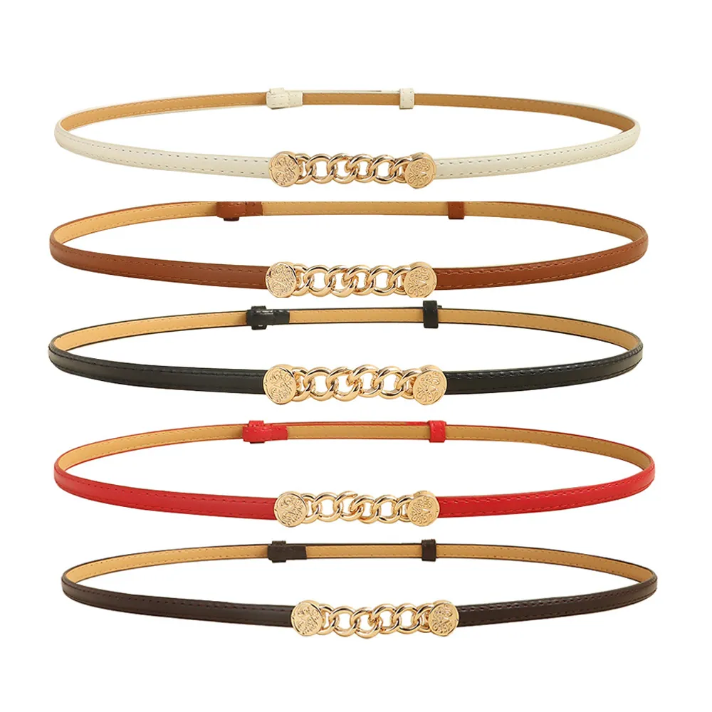 Women Slim Decorative Belt PU Leather Alloy Metal Chain Buckle Elastic Waistband For Dresses Simple Elegant