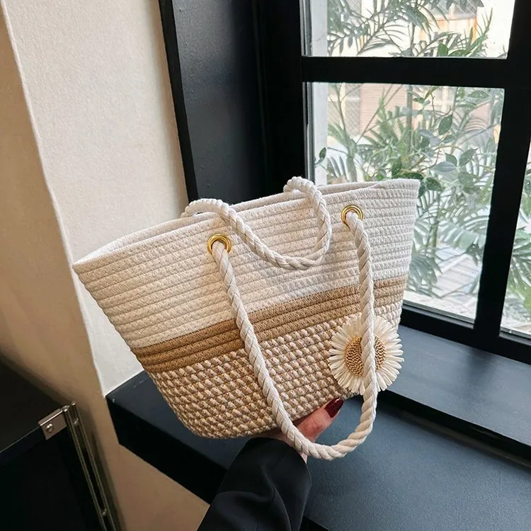 Gewebte Tragetasche Stroh Baumwollseil Große Kapazität Mit Schleife Oder Gänseblümchen Lässige Sommer Schultertasche Damen