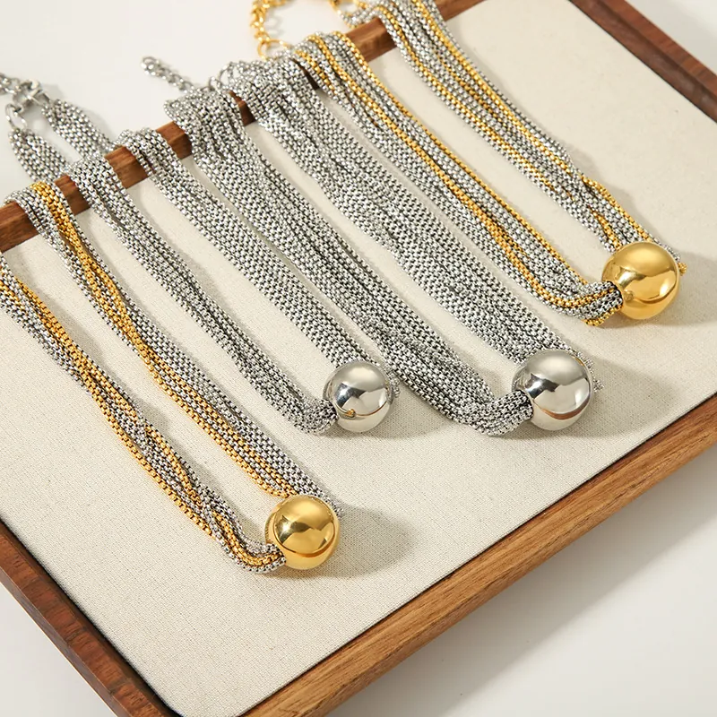 Collier Multi Couches Acier Inoxydable Pendentif Boule Ronde Poli Miroir Bijoux Punk Hip Hop Pour Femmes Chaîne Réglable