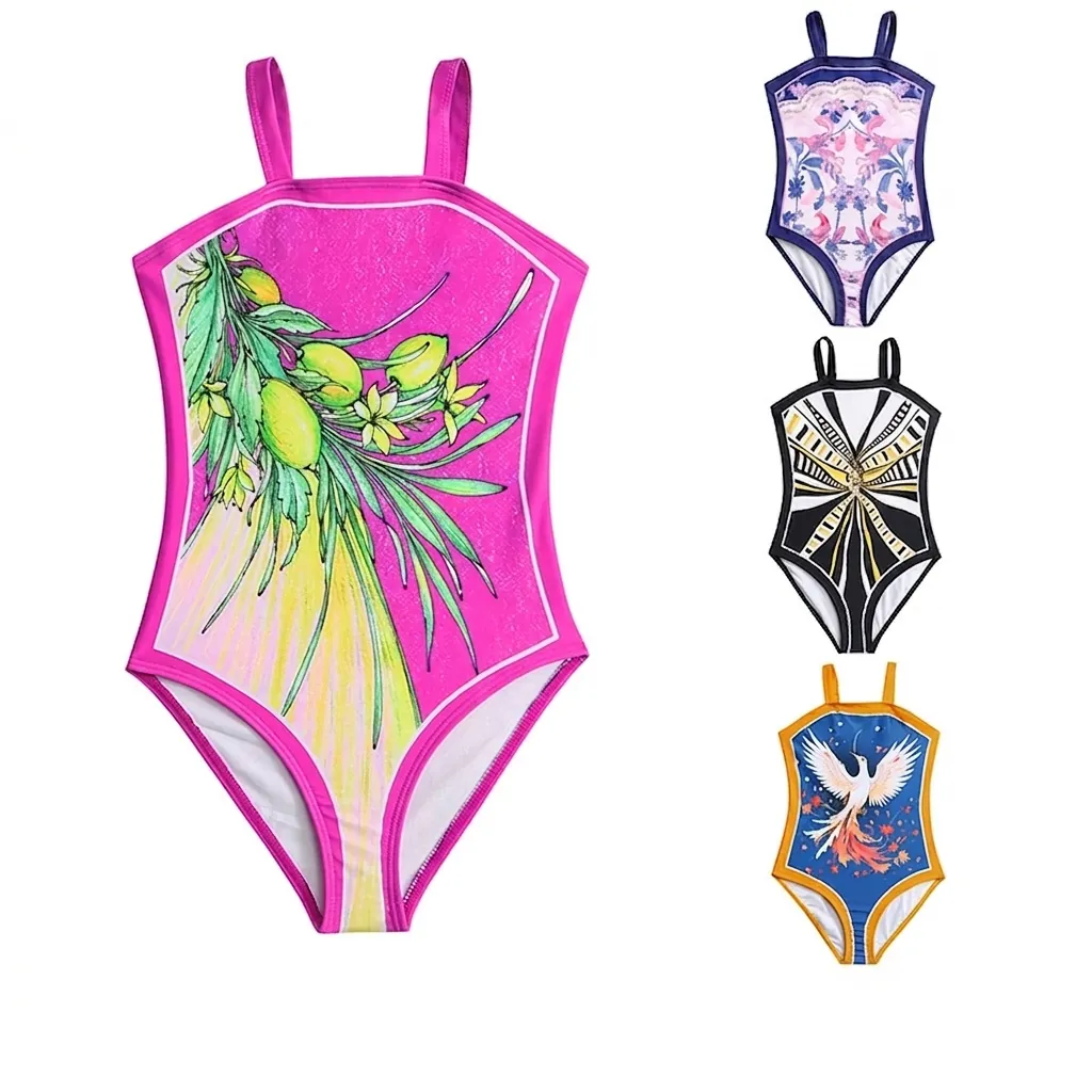 Girls Swimsuit Quick Dry High Elastic Polyester Swimwear Floral Geometric Print Beach Bathing Suit Kids Toddler