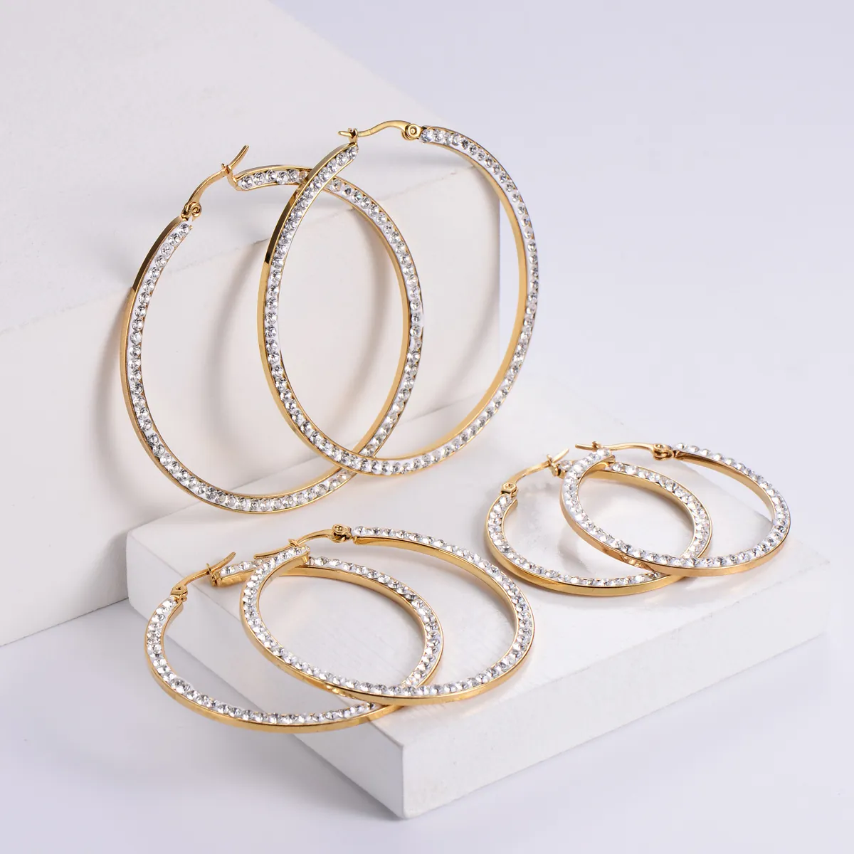 Gold Hoop Earrings Rhinestone Inlaid 316L Stainless Steel 18K Gold Plated Round Fashion Elegant Jewelry For Women