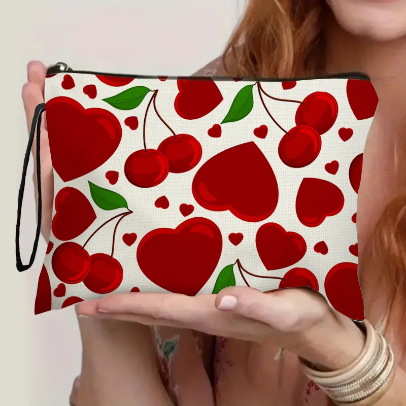 Heart Cherry Print Makeup Bag Imitation Linen Portable Cosmetic Pouch With Wrist Strap Zipper Storage Case For Women