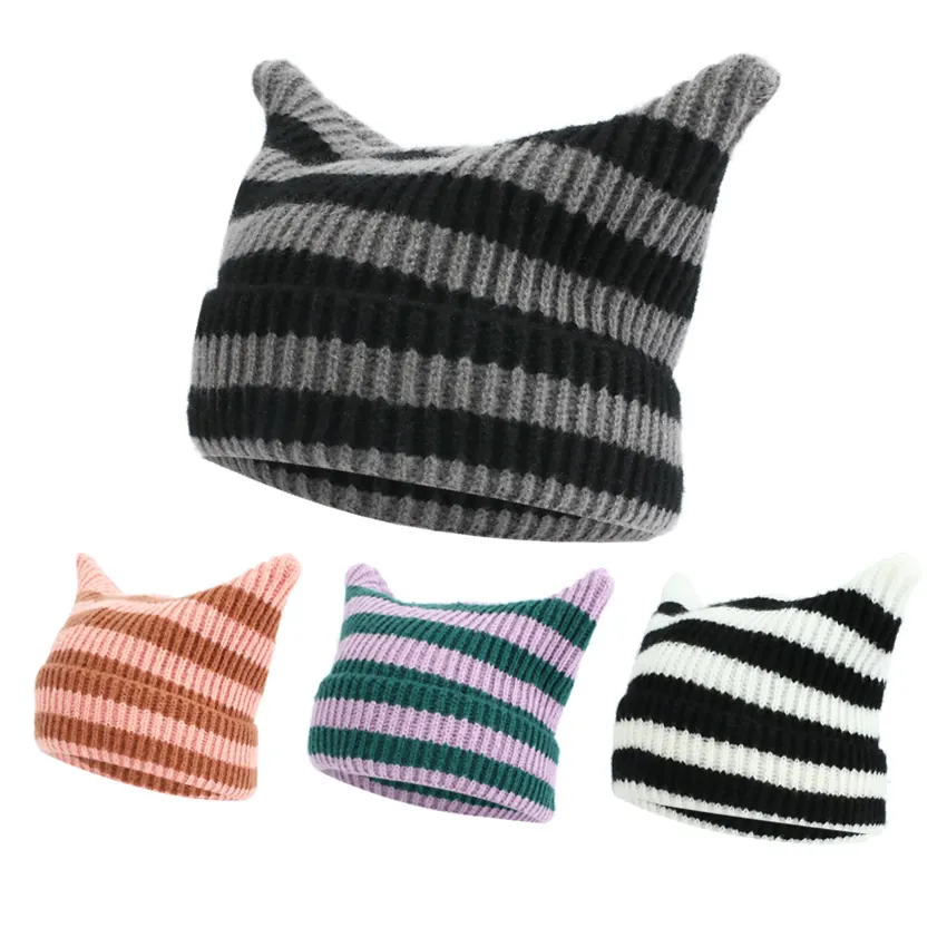 Cat Ear Knitted Beanie Hat Striped Acrylic Warm Winter Gothic Cute Crochet Skull Cap For Women